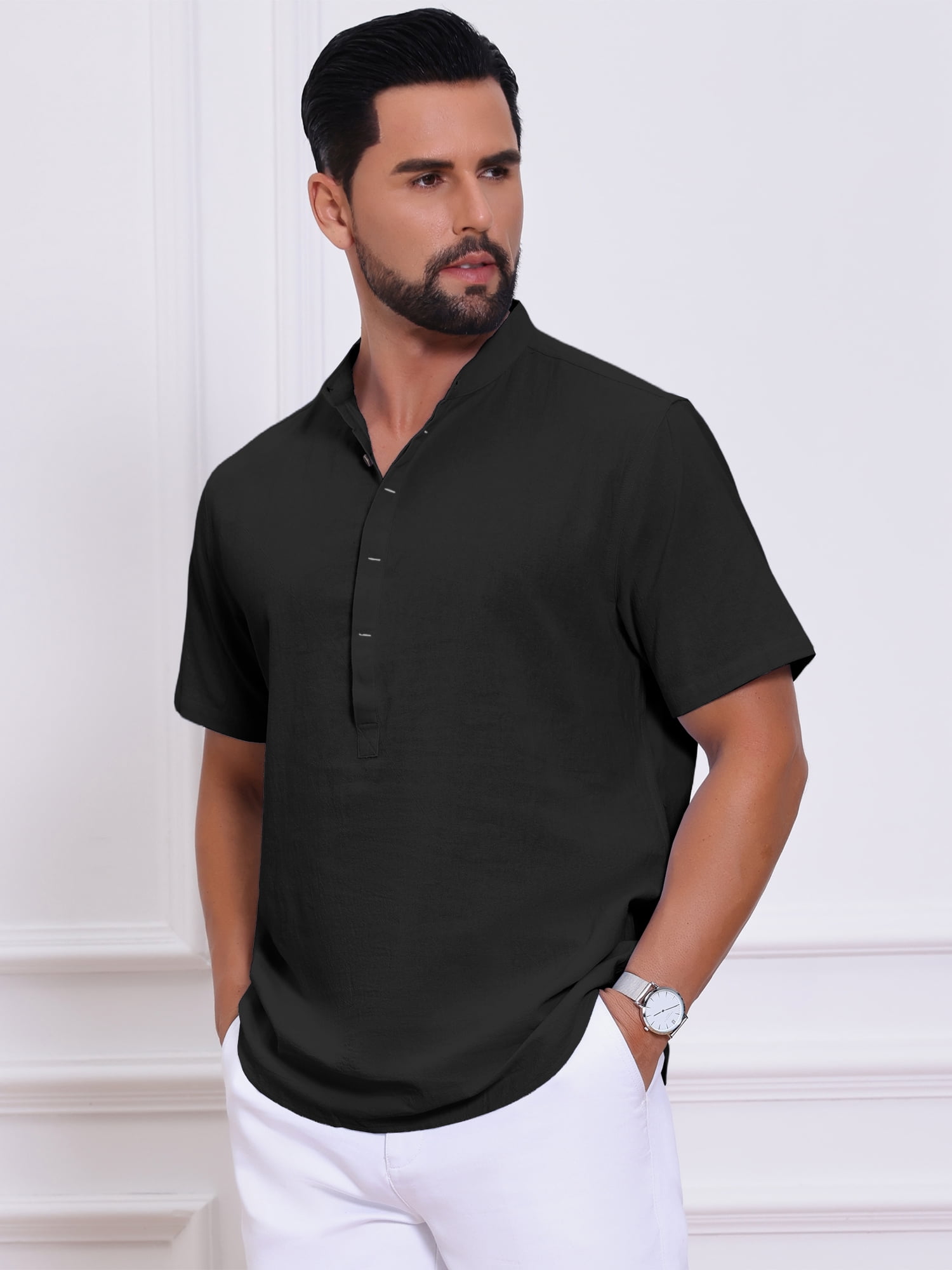 DARING DIVA Men's Casual Henley Band Collar Short Sleeve Summer Linen Shirts XL Black