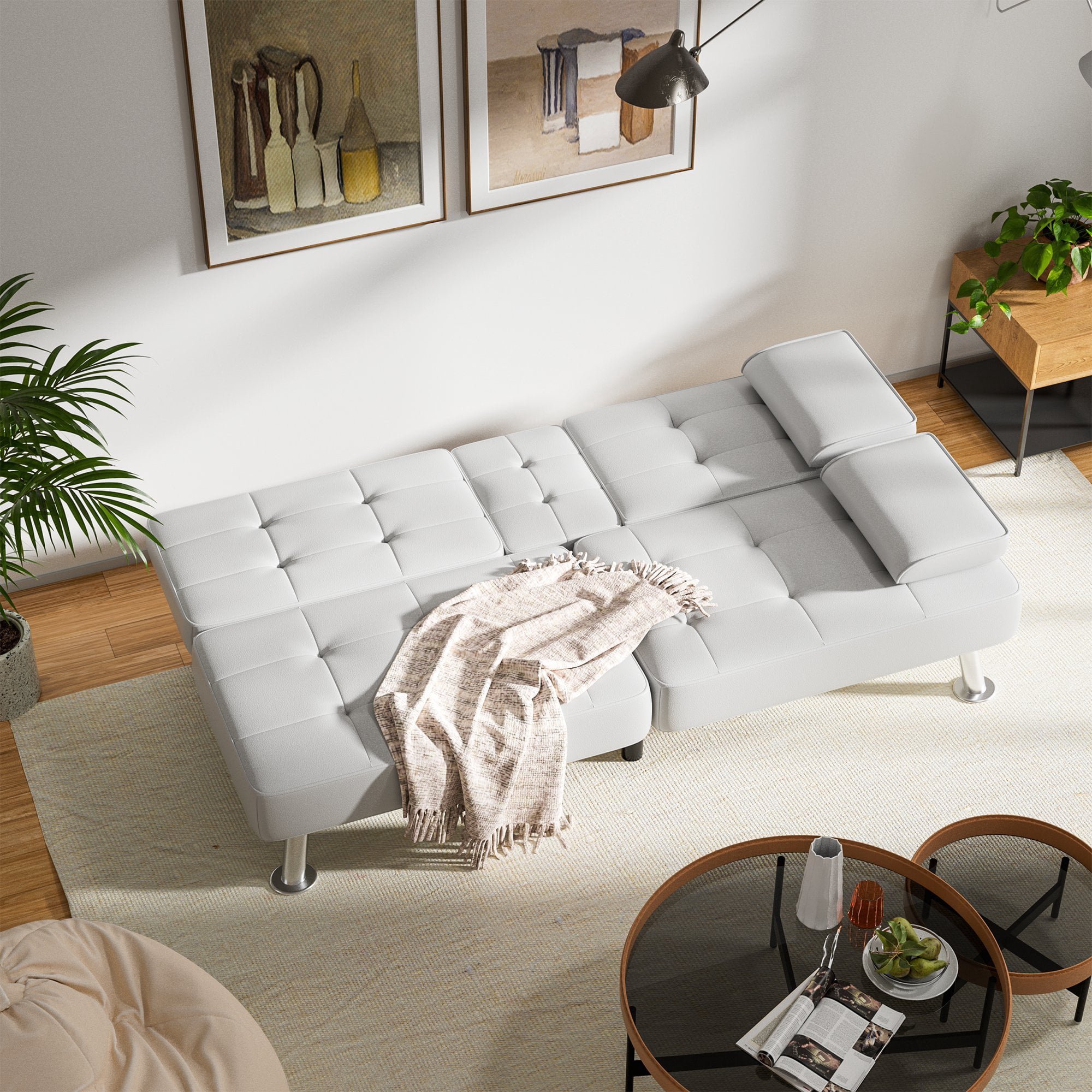 Vineego Modern Faux Leather Couch Convertible Folding Futon Sofa Bed with 2 Cup Holders,White
