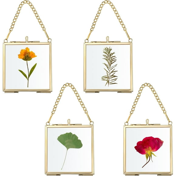 shiyou-4PCS Mini Hanging Glass Frame Golden Wall Gallery Hanging Photo Frames DIY Artwork Picture Chain Frame Square Floating Frame Brass Frame Ornaments for Pressed Flowers Leaf Specimen, 2.8 Inch