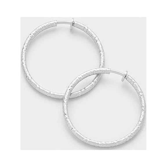 Clip on 1 1/4" silver sparkle spring back hoop earrings