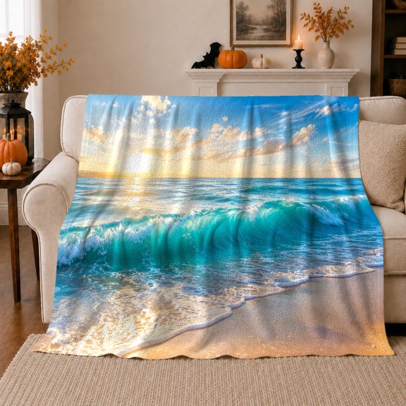 Ocean Sunset Landscape Coastal Wave Scene, Peaceful Coastal Landscape Scene, Warm Flannel Blanket for Cabin and Lodge, Beach Lovers Housewarming Gift, Coastal Home Decor