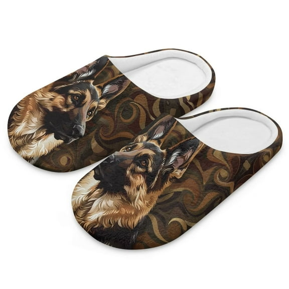 POLERO German Shepherd Dog Print Closed Toe House Slippers for Woman Men Soft Cotton Indoor Shoes Memory Foam Slip On Bedroom Slippers, Size 10.5-11.5