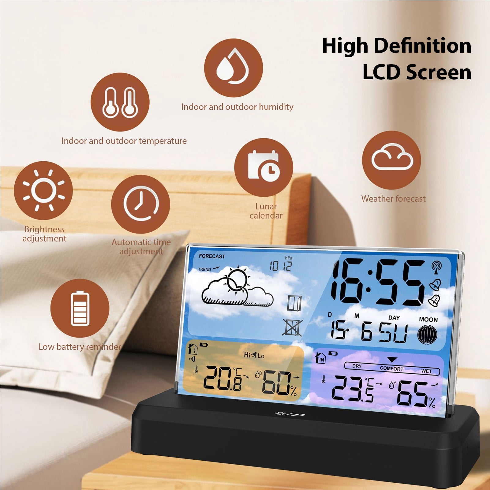 Cacagoo Weather Station Wireless Indoor Outdoor Thermometer, Color Display Digital Weather Thermometer with Atomic Clock, Barometric Pressure, Forecast Station with Adjustable Backlight