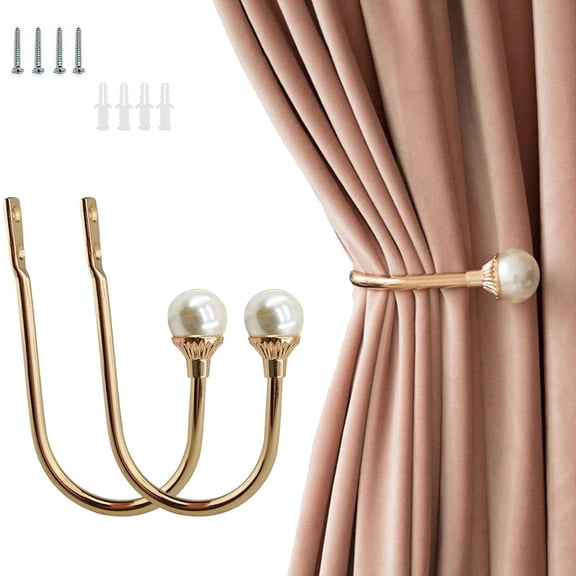 2 Pack Curtain Tiebacks Hooks Wall Mounted, U Shape Plastic Pearl Design, Heavy Duty Holdbacks for Thick Drapes, French Door Bedroom Living Room, Gold