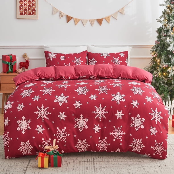 Gogreen Funda Nórdica Queen Floral, Juegos de Cama Queen de Microfibra Suave y Transpirable de 3 Piezas, Funda Nórdica Cómoda con Patrón Queen, con Cierre de Cremallera (Copo de Nieve Navideño, Queen)
