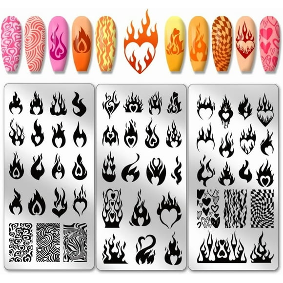 Juego de 3 placas de estampado de uñas con diseño de llamas y corazones de fuego, 54 patrones, plantillas para uñas, placa de acero inoxidable para estampar imágenes de uñas.