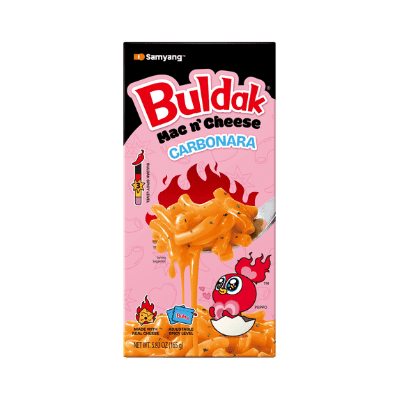 2 pack Buldak Mac & Cheese Carbonara with Adjustable Spice, Allergen-Free, Box