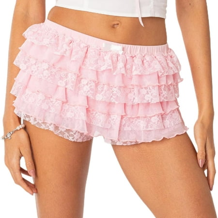 XiaoBanDeng Women Ruffle Bloomers Lace Layered Cute Lolita Pumpkin Pants Sexy Boy Shorts Tiered Bottoms Fairy Y2k Pettipants