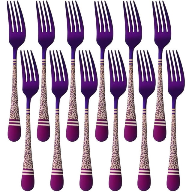 Hammered Salad Forks Set of 12, Dessert Forks Stainless Steel Silverware Flatware Forks, Appetizer Dessert Forks Utensils Dinnerware Mirror-Polished -Purple- 6.7 Inches