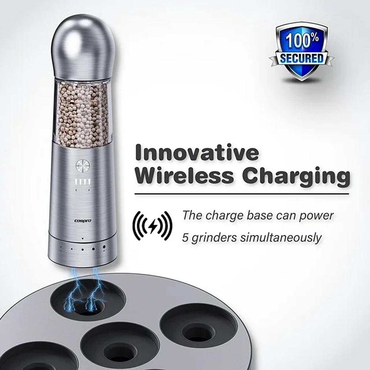 COSPRO 5-in-1 Wireless Charging Electric Salt and Pepper Grinder Set, Rechargeable Automatic Stainless Steel Spice Mill Set - One-Hand to Operate, Adjustable Coarseness, Easy Cleaning