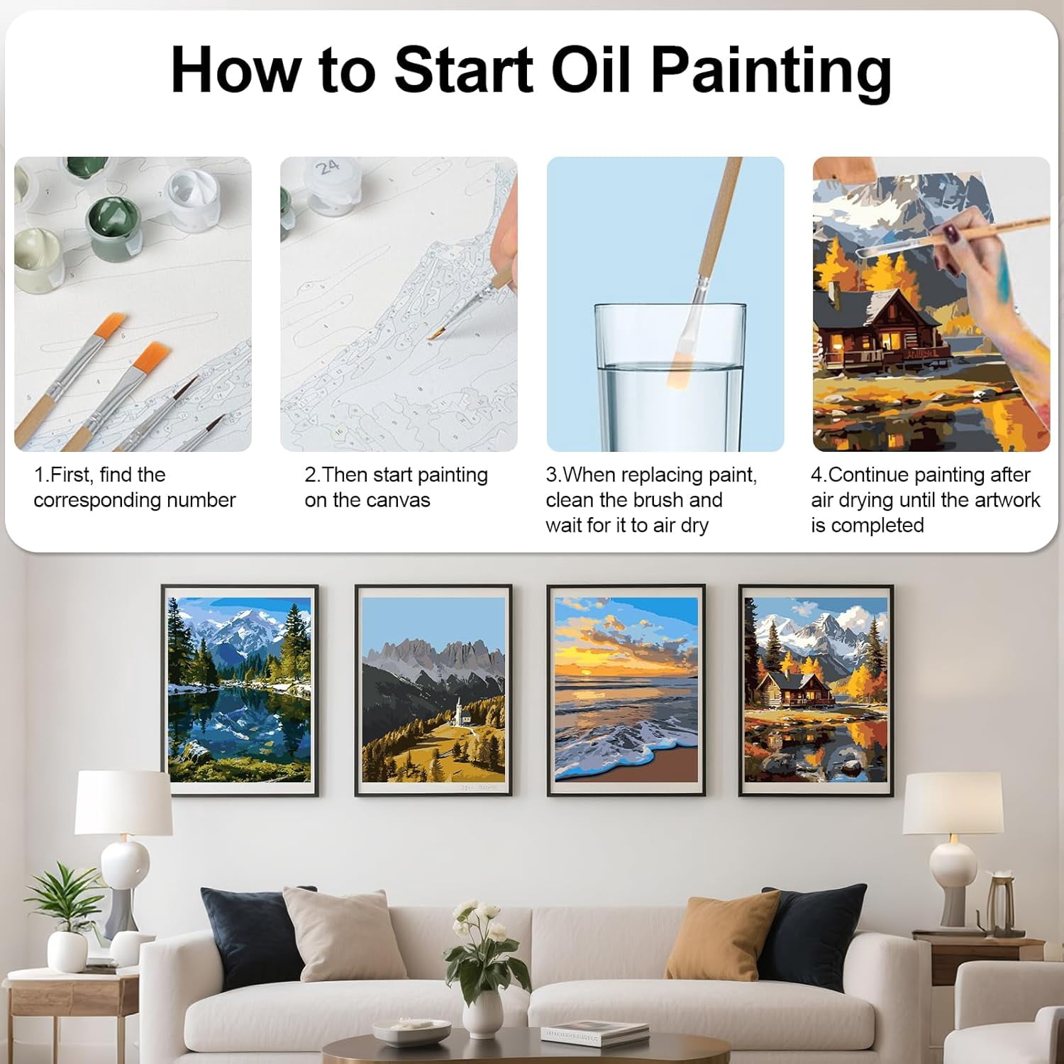 Qoosea 4 pack Paint by Number for Adults Canvas, DIY Landscape Paint by Number Kits for Adults Beginner, Home Wall Decor, Gifts (12x9 inch)