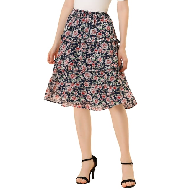 Unique Bargains Women's Floral Print Flowy Tiered Ruffle Skirt Dark Blues L