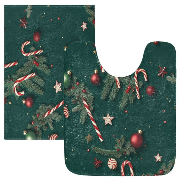 2 Piece Soft Bathroom Rug Set Green Christmas Decoration Bath Mat and U-Shaped Toilet Contour Rug (16"x24" 20"x24")