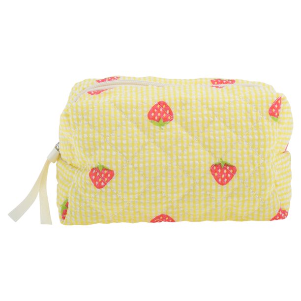 Bolsa de Maquillaje Cuadrada de Rayas de Fresa Acolchada Única para Viajes de Poliéster Amarillo