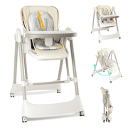 TouHeart Baby High Chair Swing Combo, 3-in-1 Convertible Highchair for Babies and Toddlers with Wheels, Beige