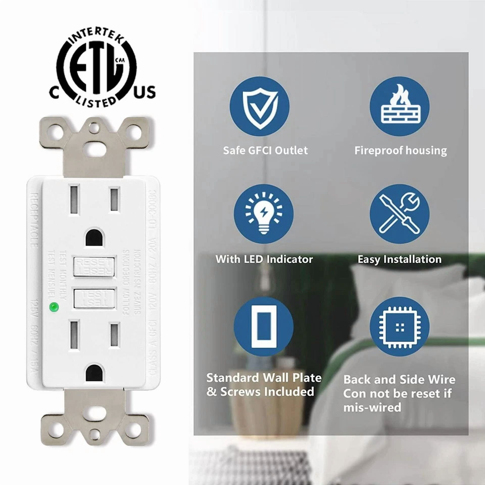 15 Amp Gfci Outlet Led Indicator Ground Fault Circuit Interrupter Non-Tr Kitchen