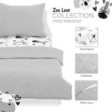 Evolur Zoo Love Collection 3pc Toddler Bed Set (Fitted Sheet, Comforter, Pillow Case) in Glacier Grey & Animal Print