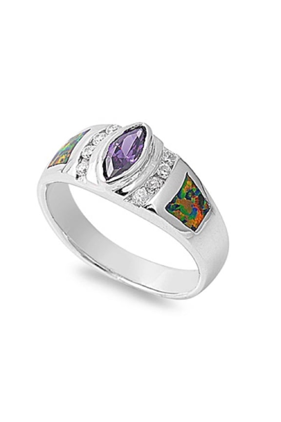 Marquise Center Simulated Amethyst Cubic Zirconia Black Simulated Opal Ring Sterling Silver Size 7