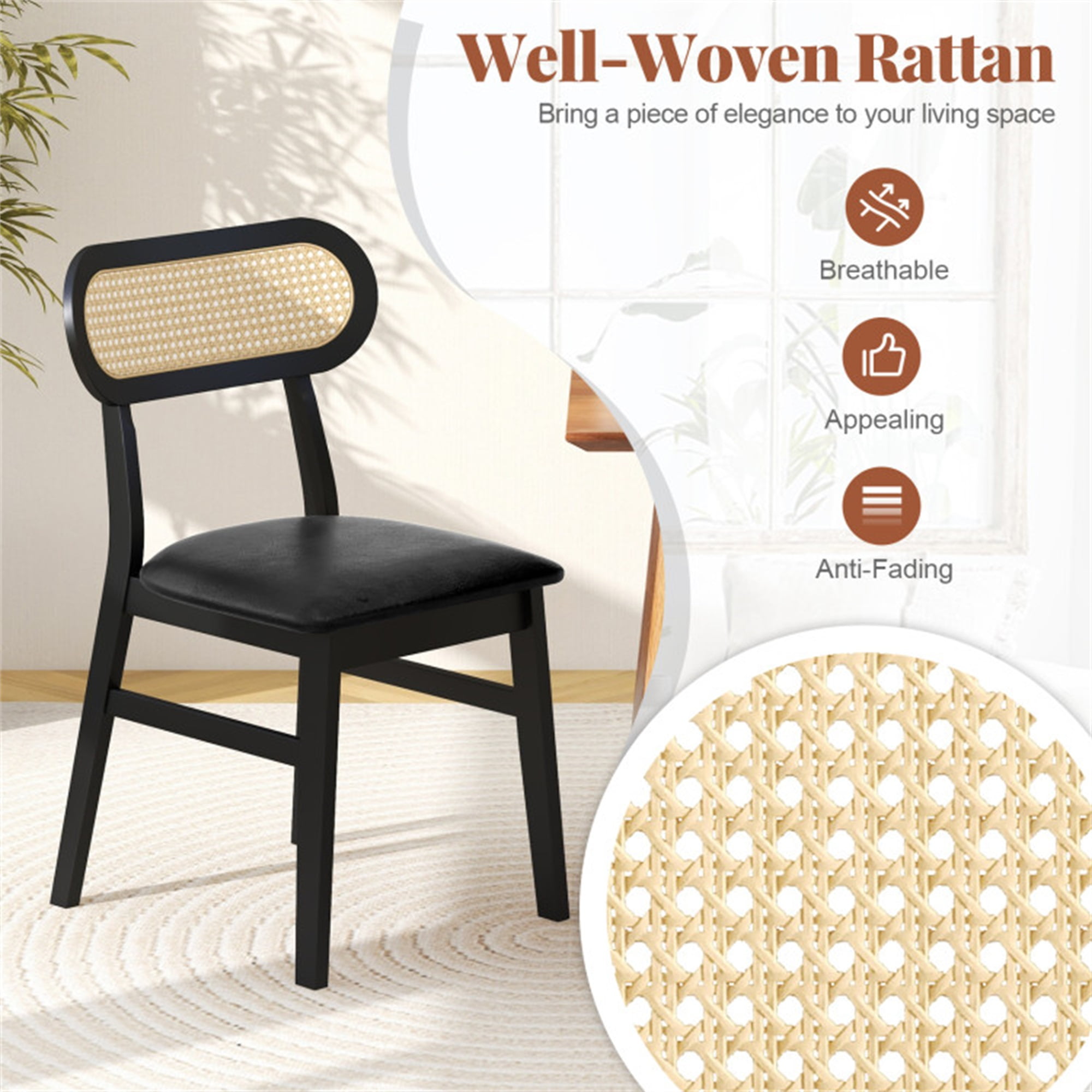 Demi Bonn Set of 2 Indoor Mid Century Wood Dining Chairs with Breathable Mesh Cane Backrest for Dining Room, Black