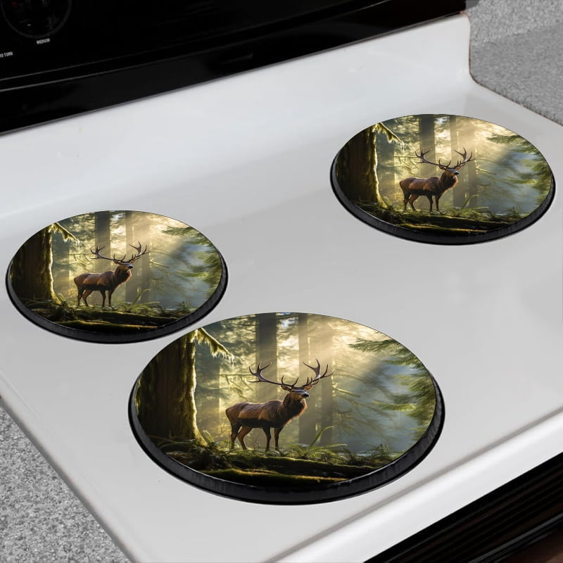 Bahomeck Electric Stove Burner Covers Set Of 4,Majestic Deer With Impressive Antlers Stands In The Heart Of Ancient Forest Metal Gas Stove Burner Covers,Protecting Gas Stoves,8 Inch And 10 Inch