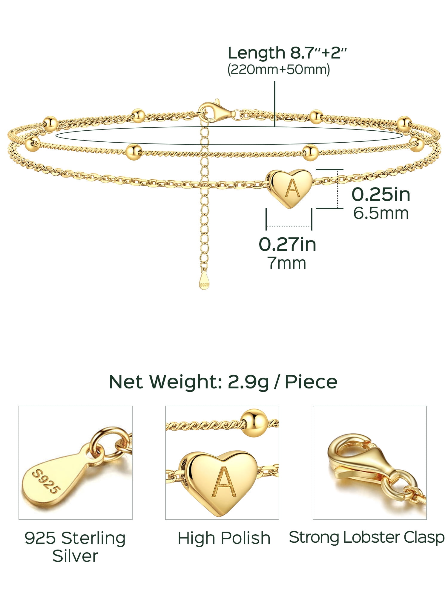 ChicSilver 14K Gold Plated Womens Initial Anklet Layered Anklet Bracelet Dainty Beaded Chain Sterling Silver Anklet Adjustable 11" Waterproof Summer Beach Jewelry for Women