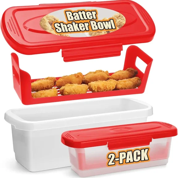 Covered batter shaker bowl - Set of 2 in various sizes, dust-free bread flour container with bread tray, suitable for frying chicken, fish, onion rings, etc. (Red)