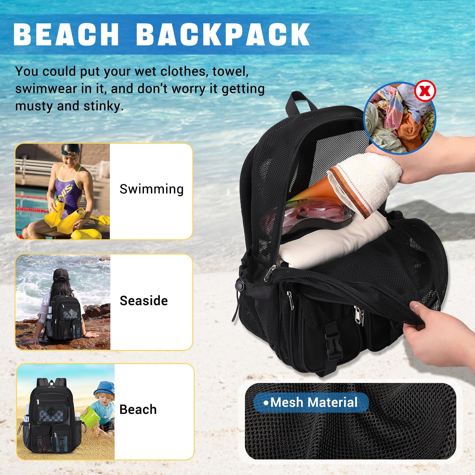Soda Candy Mesh Backpacks for School Heavy Duty See Through Net Bookbag Semi-Transparent Net Back Pack for Beach, Swimming, Sports, Work, Travel, Black