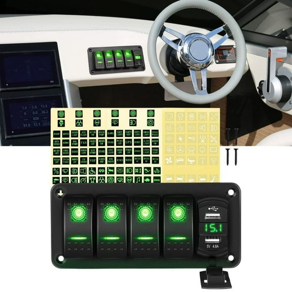 Waywe 4 Gang Rocker Switch Panel Green Backlit with 4.8 Amp Dual USB Charger Voltmeter Waterproof 12V 24V DC Rocker Switch for Car Trucks Boats RVs