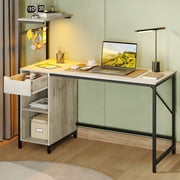 Bestier Home Office Desk Computer Gaming PC Study Table with Adjustable Shelf and LED Lights, Light Gray