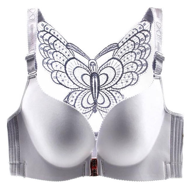 JUNWELL Women‘s Sexy Plus Size Wire Free Bra Solid ColorPush Up Front Close Butterfly Backless Breathable Lingerie