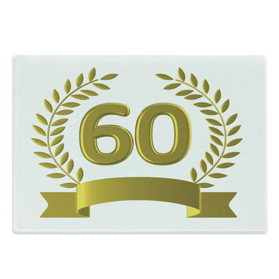 60th Birthday Cutting Board, Golden Age Themed Party with Roman Empire Theme Branches Print, Decorative Tempered Glass Cutting and Serving Board, Large Size, Olive Green Yellow, by Ambesonne