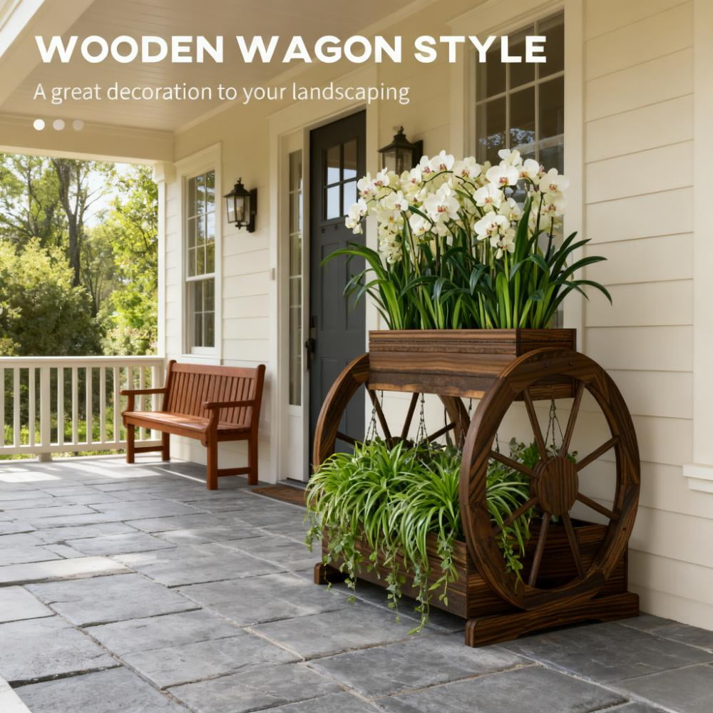 Outdoor Planter, Wooden Wagon Planter Box, 3-Tier Raised Garden Bed, for Vegetables Flowers Herbs