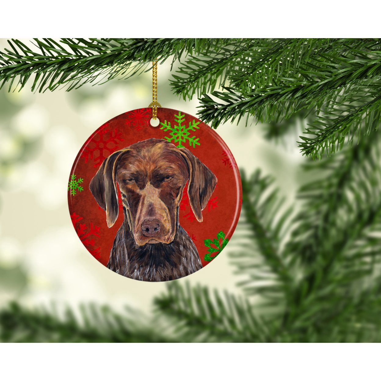 Carolines Treasures SC9435-CO1 German Shorthaired Pointer Red Snowflakes Holiday Christmas Ceramic Ornament, Multicolor