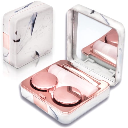 Vastsoon Contact Lens Case, Portable Cute Eye Contacts Colored Lenses Applicator Remover Tool Kit with Mirror Solution Bottle for Travel Daily Outdoor (Square, Rose Gold)