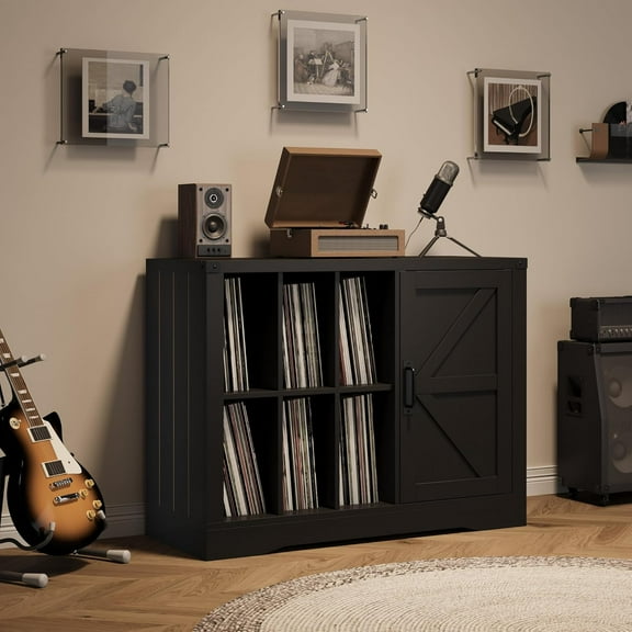 M optimized Modern Record Player Stand, Farmhouse Turntable Storage Cabinet with Barn Door, Wooden Vinyl Storage Console for Living Room, Black