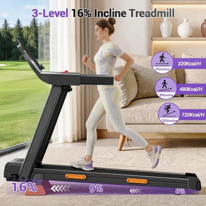 SONITU 16% Incline Folding Treadmill for Home, 3.0HP Quiet Motor, 300 lbs Capacity, 7-Layer Cushioning, 3 LED Displays with Handrails