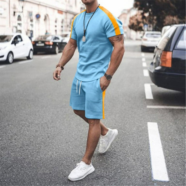 90S Outfit for Men Pants Men Summer Spring And Summer Striped Squares Tracksuit 2 Piece Outfits Short Sleeve T Shirts And Shorts Jogging Sets Sports Suit Sweatsuits Sportswear L Blue Jeans Men