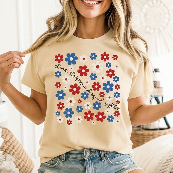 Fourth Of July Stars Stripes And Equal Rights Retro Floral Women's Graphic Tee 100% Cotton by TBun, Full Sizes S-5XL