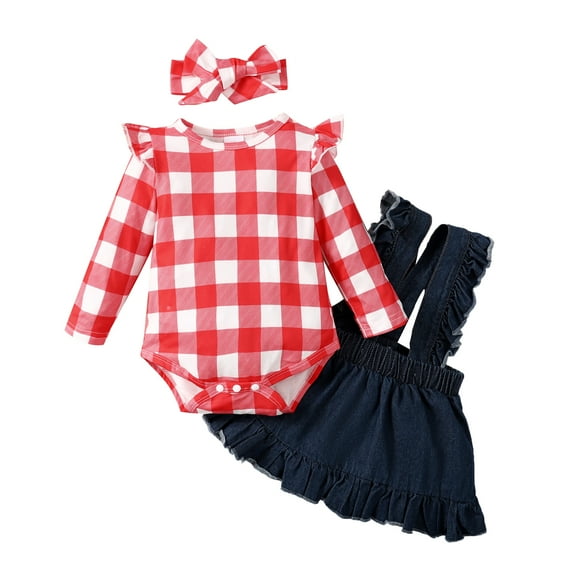 Kucnuzki Newborn Baby Girls Dress Sets Flying Long Sleeves Plaid Romper Top Suspender Dress with Headband 3pcs Outfits Red 3-6 Months