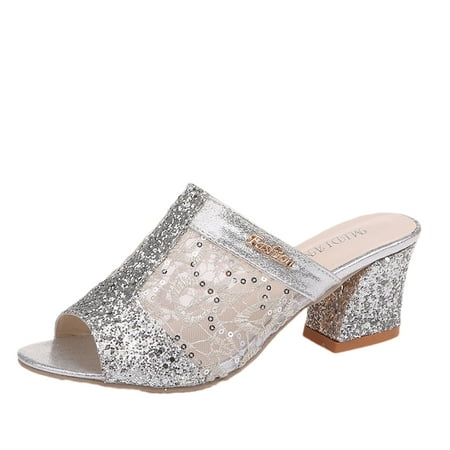 

asdoklhq Womens Slippers Clearance Women s Fashion Slip On High Heel Peep Toe Crystal Slipper Casual Sandals Shoes Silver 41