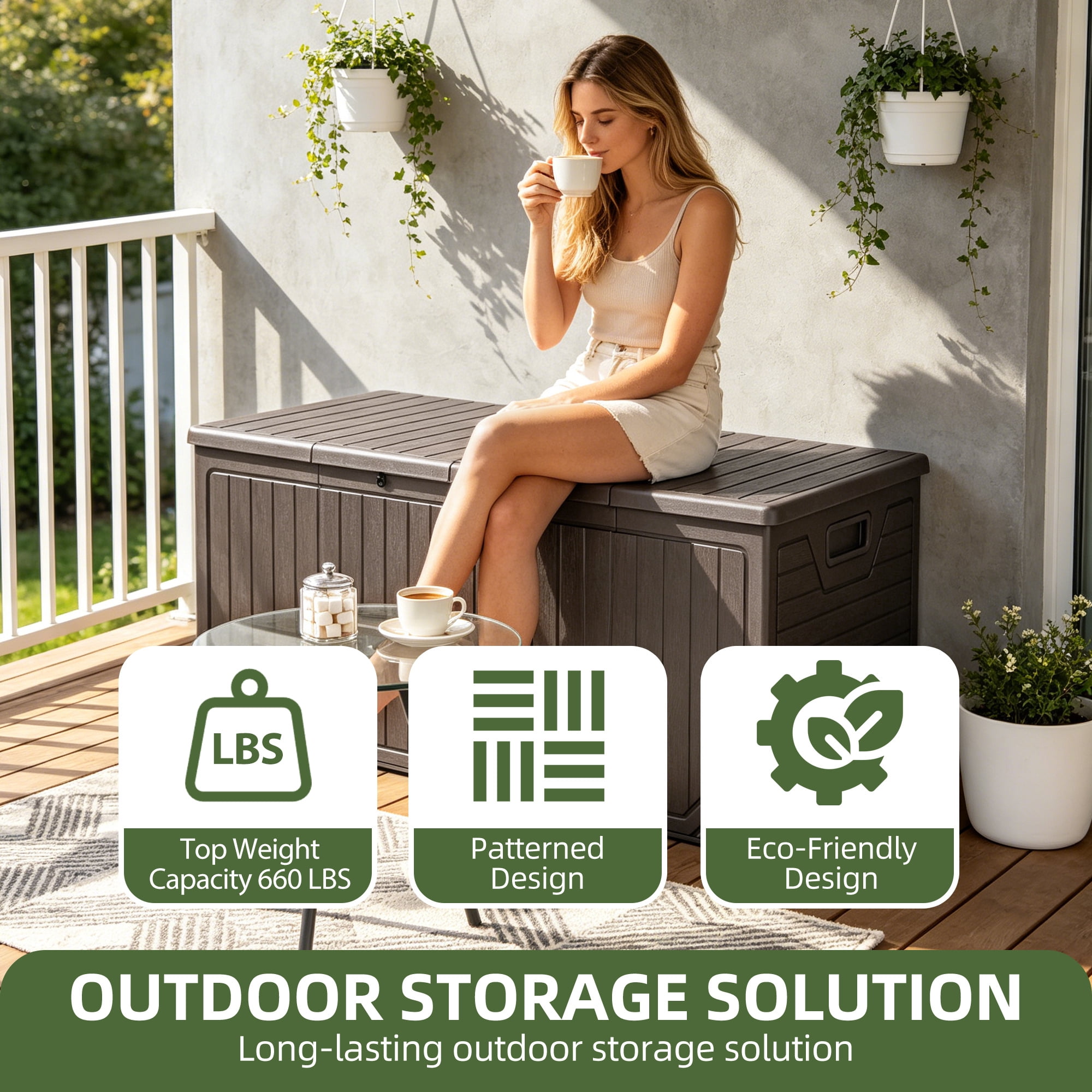 Uforic 300 Gallon Extra Large Outdoor Deck Box, Double-Wall Waterproof Lockable Resin Storage Box, Multipurpose Patio Storage Bin for Garden Tools Pool Supplies, Brown