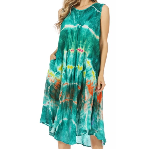 Sakkas Nora Sleeveless Embroidered Short Tie Dye Caftan Dress / Cover Up - Teal - One Size