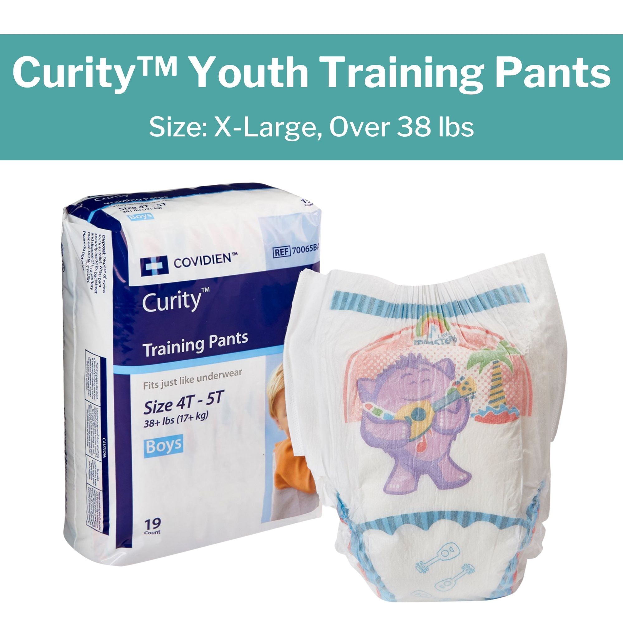 Curity XL Male Youth Disposable Training Pants, Size 4T - 5T, 38 lbs and  up, 19 Count, 19 Packs, 19 Total