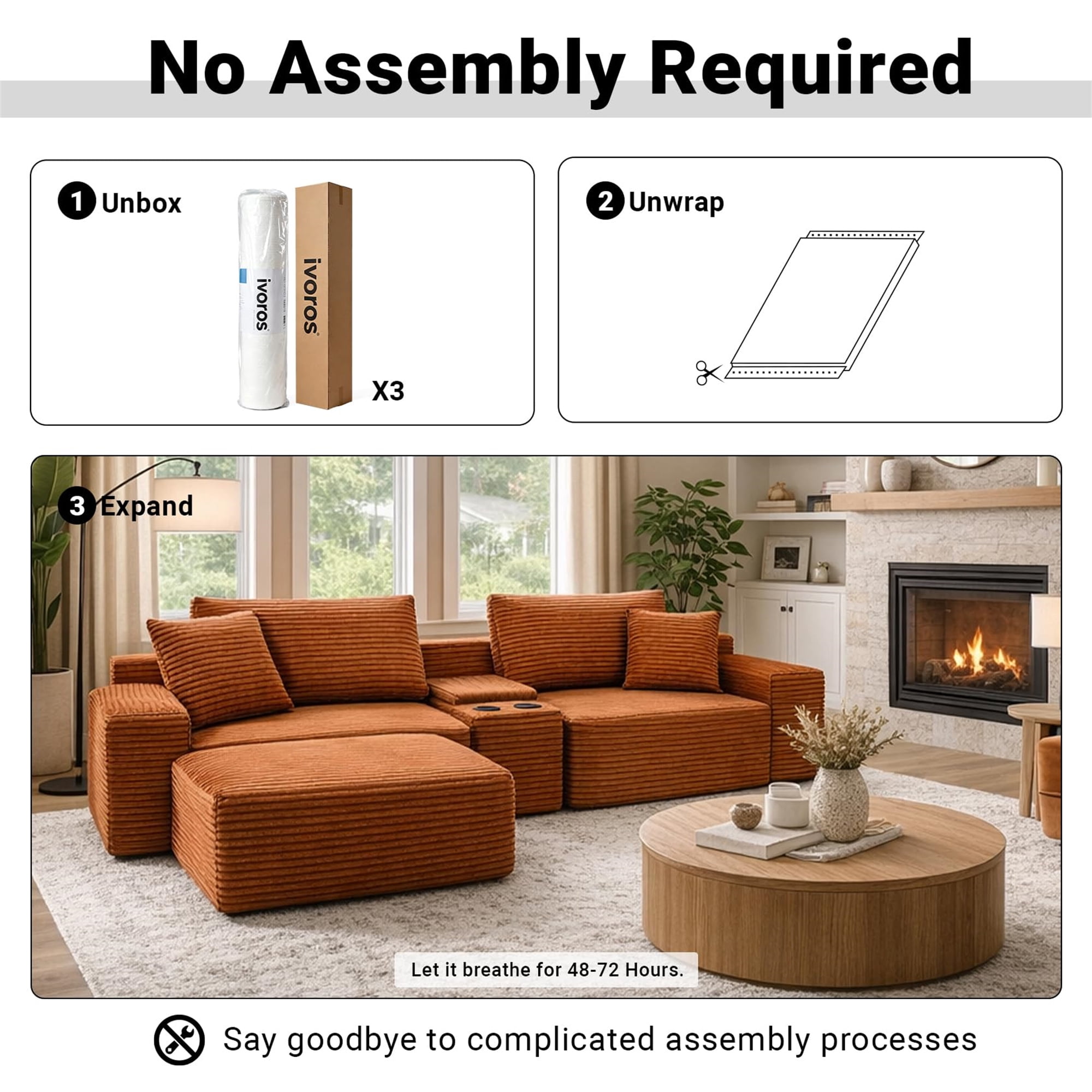 Aukfa 111" Cloud Sectional Sofa Deep Seat Boneless Couch with USB&Cupholdes Storage Console, Modular L-Shaped Couch for Living Room, Corduroy, Orange