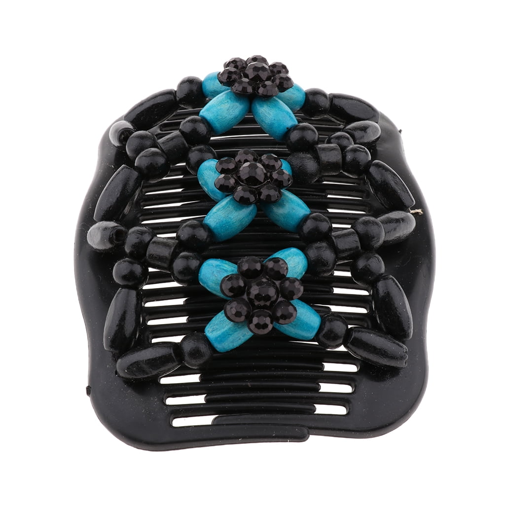 Women's Butterfly Wood Beads Double Hair Comb Elastic Head Clip Hair Accessories
