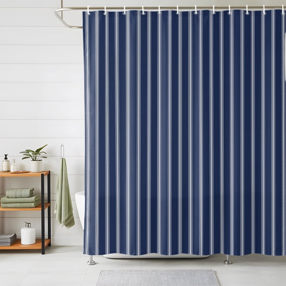 Shower Curtains for Bathroom, Navy Blue Striped Waterproof Fabric Shower Curtain, Navy Blue White Farmhouse Stripes Decorative Bathroom Curtain for Bathtub, 72"x72", No Hooks Included