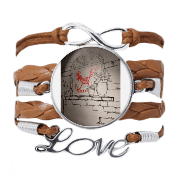 Chinos de corte de papel mural de estilo Red Rooster en maceta Pulsera de cuero Negro trenzado pulsera de cuerda de amor Unbranded M