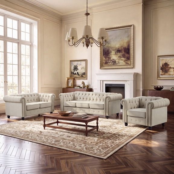 Morden Fort 3 Pieces Living Room Sofa Set, Chesterfield Couch Loveseat Chair Set, Linen Fabric, Beige
