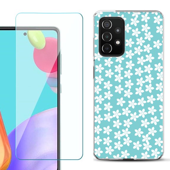 Slim-Fit Flexible Gel TPU Phone Case compatible with Samsung Galaxy A52 5G, with Tempered Glass Screen Protector, by OneToughShield ® - Flower/Teal