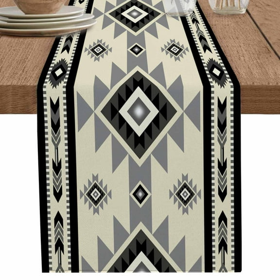 Retro Brown Bohemia Ethnic Textile Table Runner-70 Inch Long Modern Abstract Art Table Runners Linen Burlap Tablerunner for Kitchen Dining Room Holiday Party